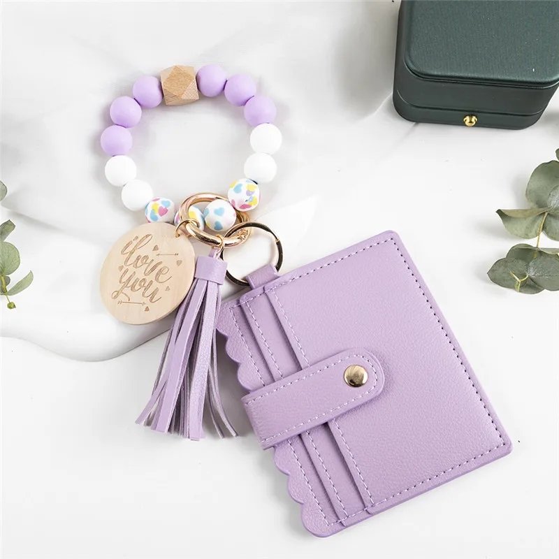 Factory Wholesale Custom Car Accessories Silicone Beads Wristlet Bracelet Wallet Keychain With Tassel Wood Disc For Women