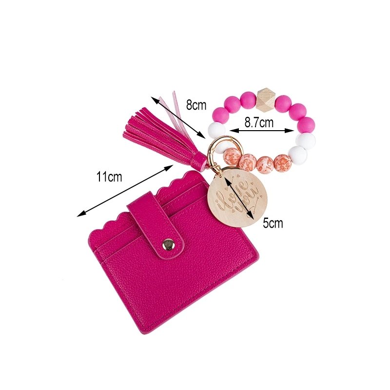 Factory Wholesale Custom Car Accessories Silicone Beads Wristlet Bracelet Wallet Keychain With Tassel Wood Disc For Women