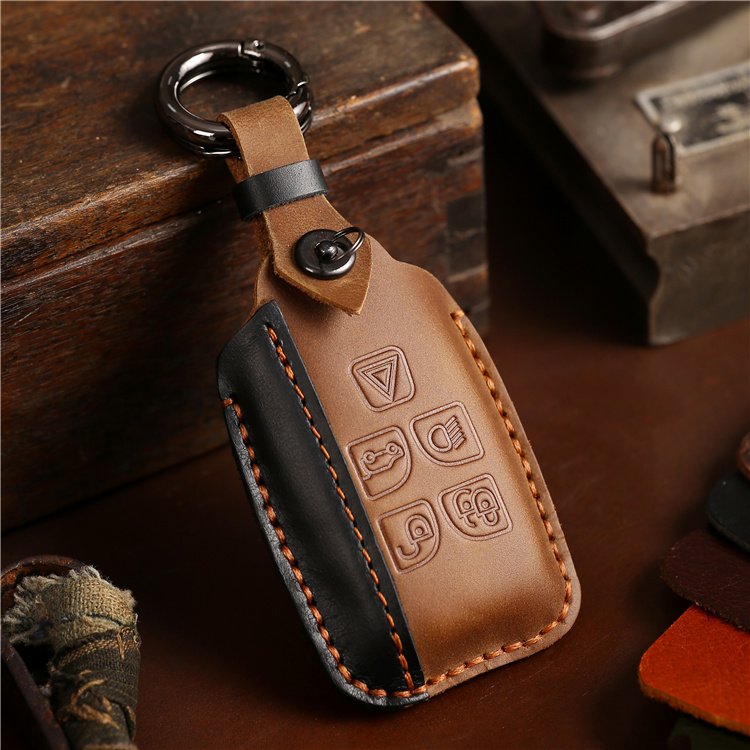 Wholesale Hand Sewing Genuine Leather Car Key Case Cover for Jaguar Land Rover Car Key Shell with Keychain