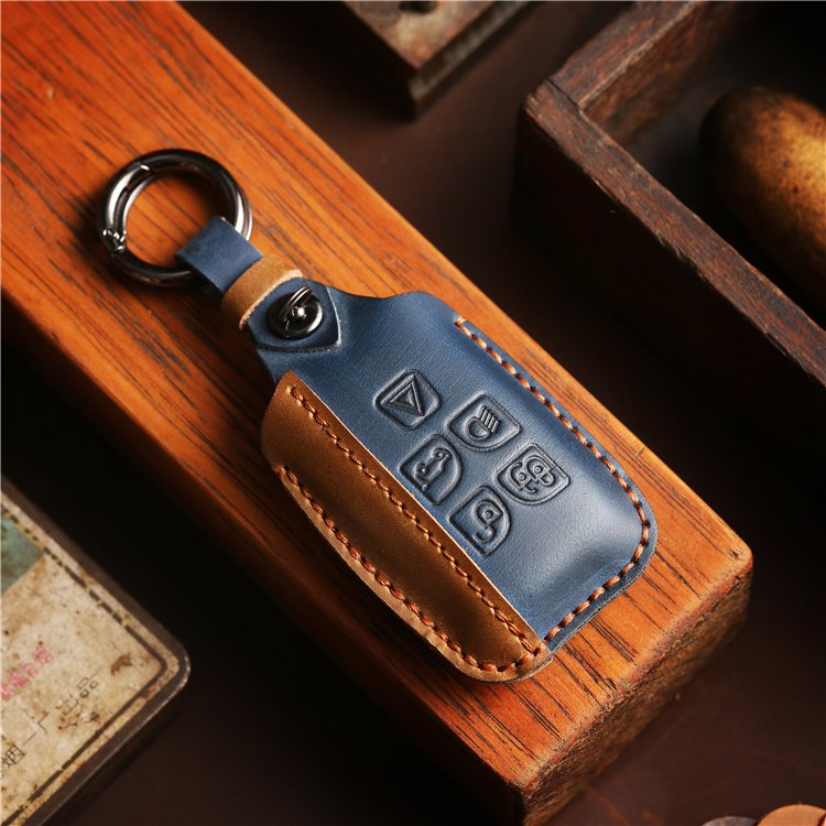 Wholesale Hand Sewing Genuine Leather Car Key Case Cover for Jaguar Land Rover Car Key Shell with Keychain