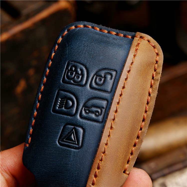 Wholesale Hand Sewing Genuine Leather Car Key Case Cover for Jaguar Land Rover Car Key Shell with Keychain