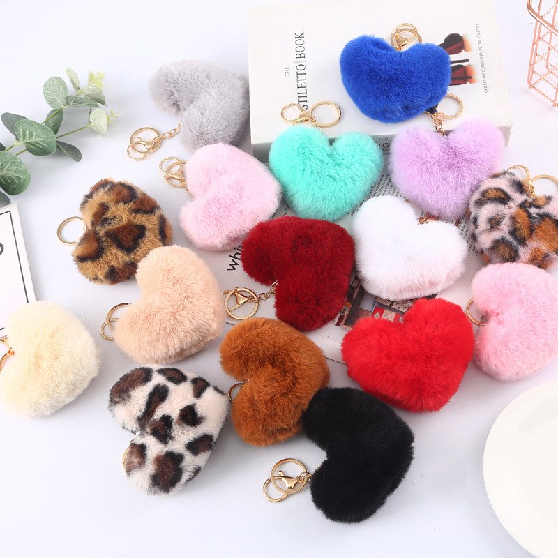 Fashion 3D Cute Love Heart Soft Plush Keychains Faux Fur Ball Pompom Keychain Car Charm Keyrings Key Holder Women Bag Pendant