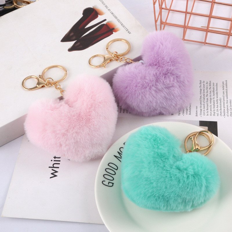 Fashion 3D Cute Love Heart Soft Plush Keychains Faux Fur Ball Pompom Keychain Car Charm Keyrings Key Holder Women Bag Pendant