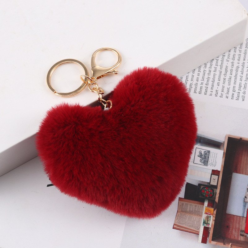 Fashion 3D Cute Love Heart Soft Plush Keychains Faux Fur Ball Pompom Keychain Car Charm Keyrings Key Holder Women Bag Pendant