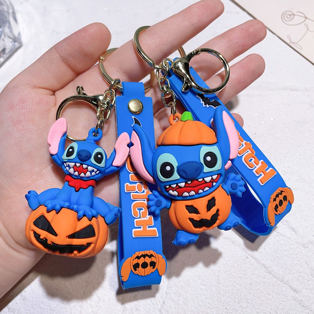 Soft Rubber 3D PVC Car Keyring Bag Pendant Key Accessories Key Chain Cute Cartoon Halloween Pumpkin Stitch Keychain