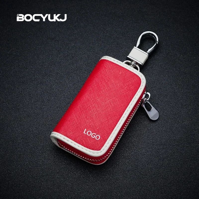 Leather Car Key Case Universal Keychain Metal Logo For BMW Mercedes Audi VW Toyota Honda Hyundai Key Cover Protector Accessories
