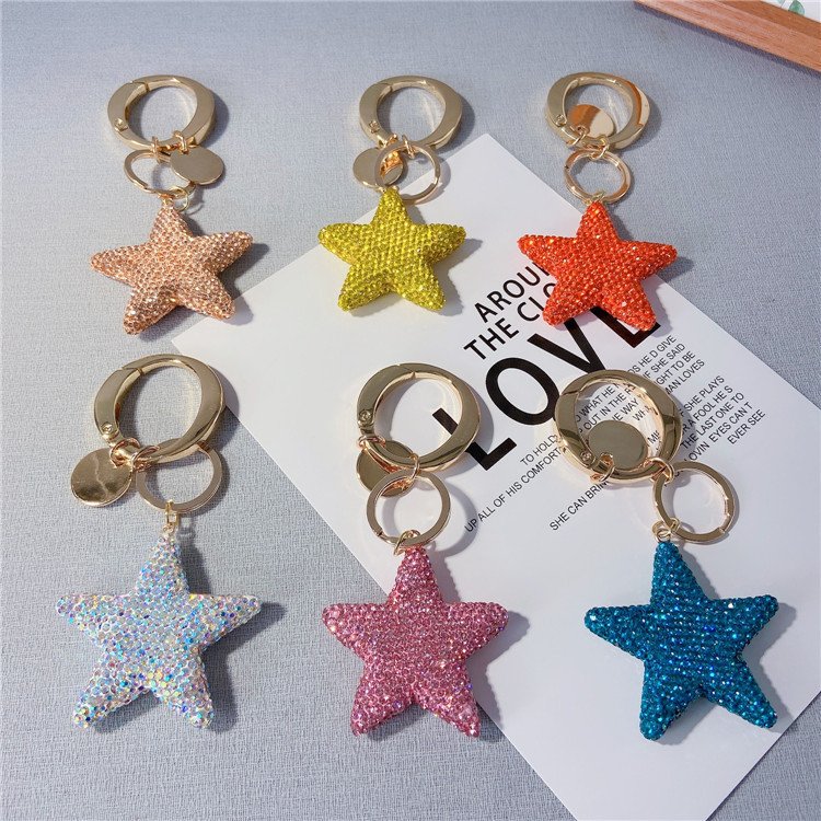 Personality New Design Trendy Five Star Shape Keychain Rhinestone Crystal Full Diamond Car Schoolbag KeyChain Accessories