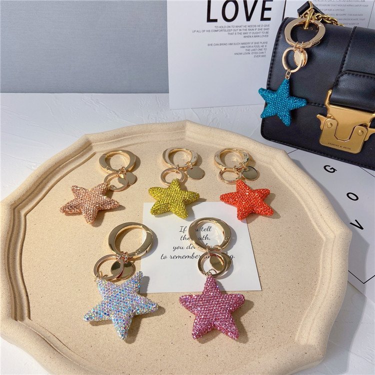 Personality New Design Trendy Five Star Shape Keychain Rhinestone Crystal Full Diamond Car Schoolbag KeyChain Accessories