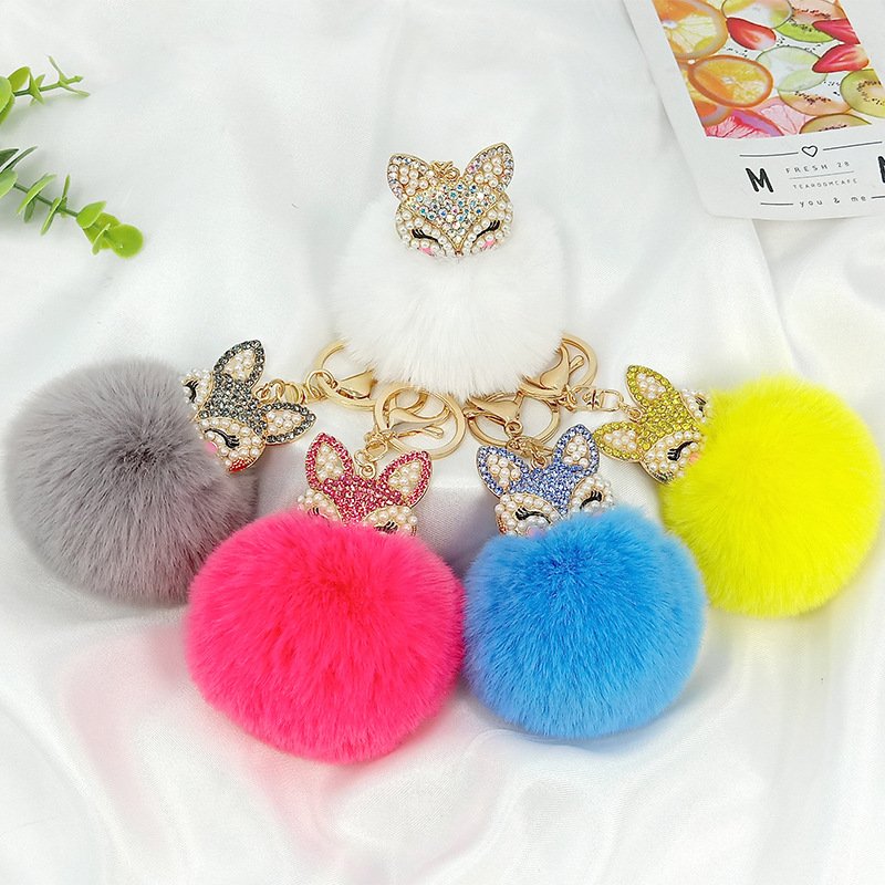 Fox Head Studded with pearl Rhinestone Pompom Key Chain Bag Car Pendant Faux Rabbit Fur Ball Pom Pom Keychain
