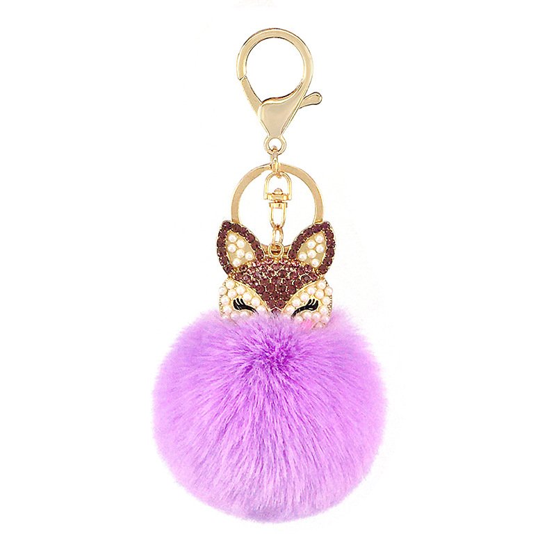 Fox Head Studded with pearl Rhinestone Pompom Key Chain Bag Car Pendant Faux Rabbit Fur Ball Pom Pom Keychain