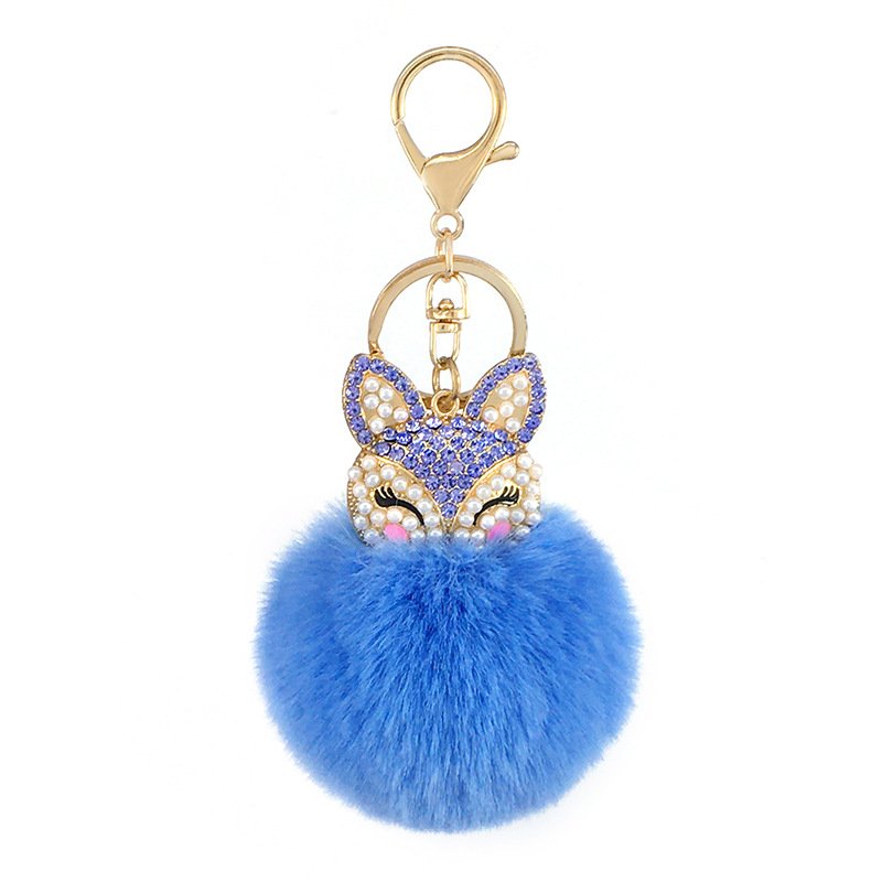 Fox Head Studded with pearl Rhinestone Pompom Key Chain Bag Car Pendant Faux Rabbit Fur Ball Pom Pom Keychain