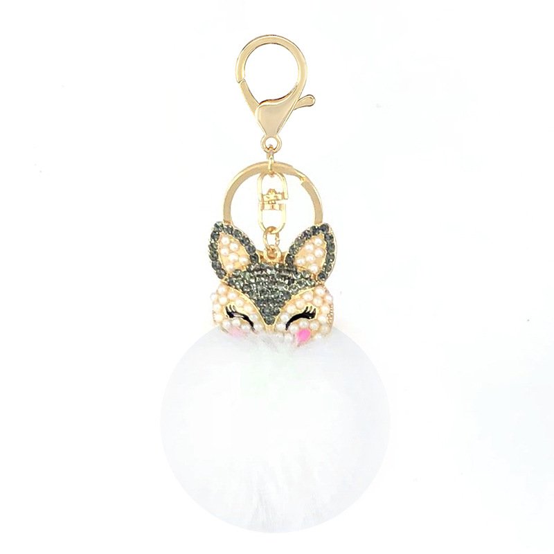 Fox Head Studded with pearl Rhinestone Pompom Key Chain Bag Car Pendant Faux Rabbit Fur Ball Pom Pom Keychain