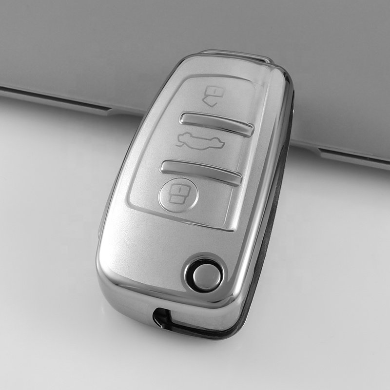 Premium Design Soft TPU Silver key case Key cover with Keychain Accessories for Audi A3 A4 A6 A4 A6 A8 Q7 S6 TT Key Fob Cover