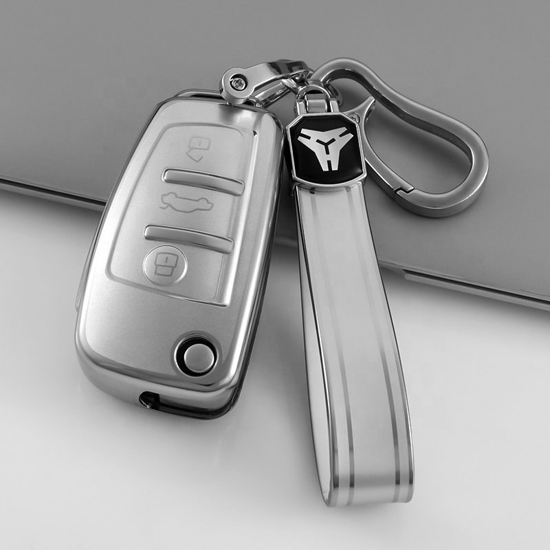 Premium Design Soft TPU Silver key case Key cover with Keychain Accessories for Audi A3 A4 A6 A4 A6 A8 Q7 S6 TT Key Fob Cover