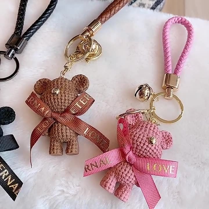 Cute Resin Bow Bell Woolen Little Bear Keychain Car Key Ring For Girls Creative Gift Weaving Fashion Doll Bag Pendant
