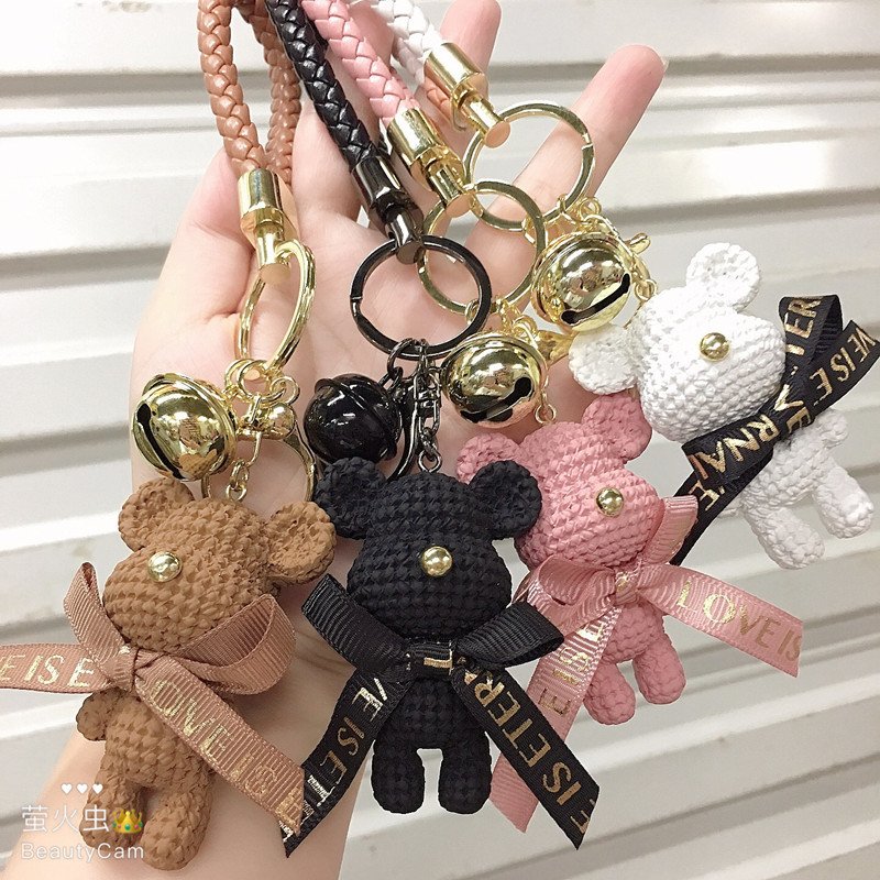Cute Resin Bow Bell Woolen Little Bear Keychain Car Key Ring For Girls Creative Gift Weaving Fashion Doll Bag Pendant