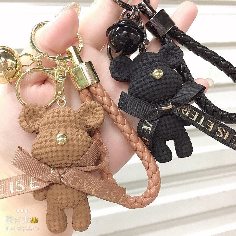 Cute Resin Bow Bell Woolen Little Bear Keychain Car Key Ring For Girls Creative Gift Weaving Fashion Doll Bag Pendant