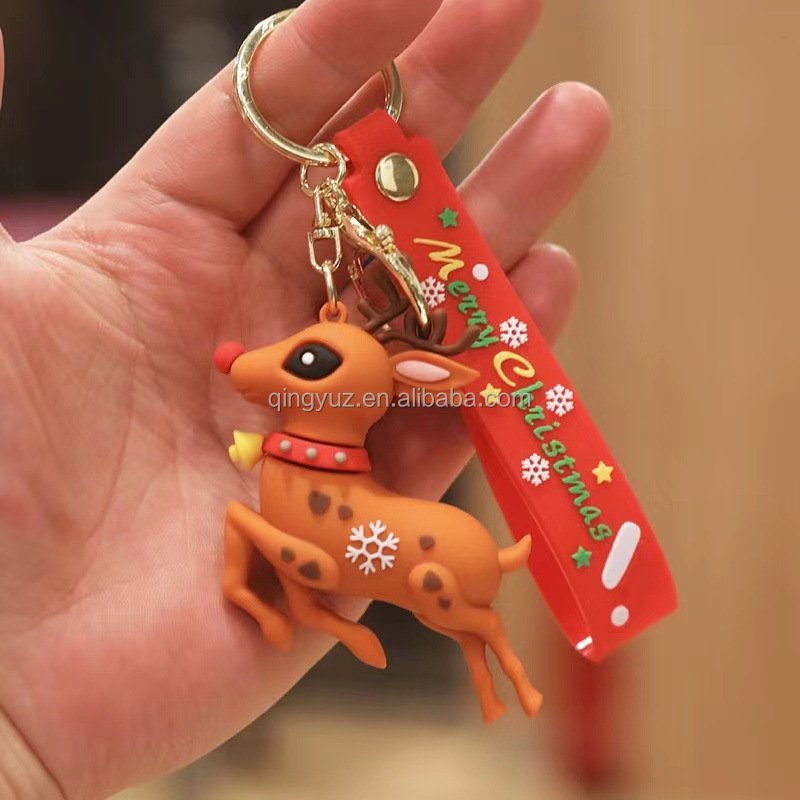 3D Christmas Keychains Gifts Cute Santa Claus Pendants Mini Anime Dolls Keyrings 3D Xmas Cartoon Rubber Key Chain Accessories