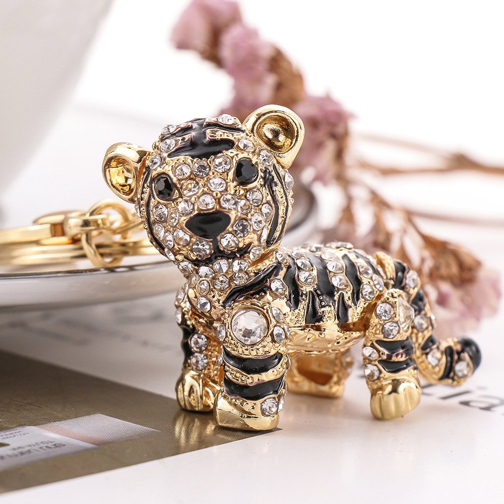 Cute Tiger tiger keychain Crystal Fashionable Car Accessories Gift Key Phone Bag Charm keyring bling