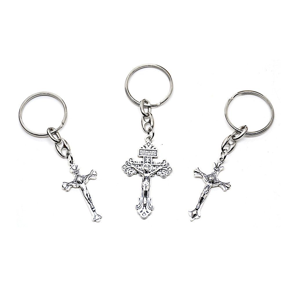 Classic Metal Silver Plated Cross Pendant Keychain Car Key Pendant For Men Women Catholic Christian Religious Accessories Gifts