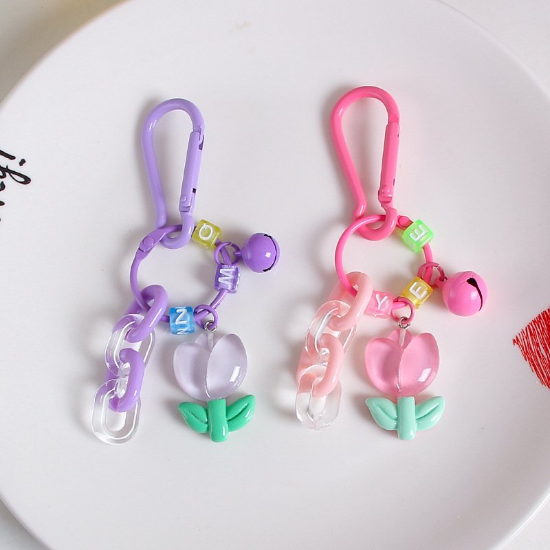 Cute Colored Flowers Key Chain Transparent Flowers Pendant Key Ring Backpack Charms Car Decoration Bag Accessories
