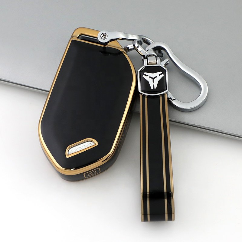 Gold Edge TPU Key Fob Cover with keychain Fit for 2023 2024 Kia Telluride EV5 class 4 button Protector car Accessories