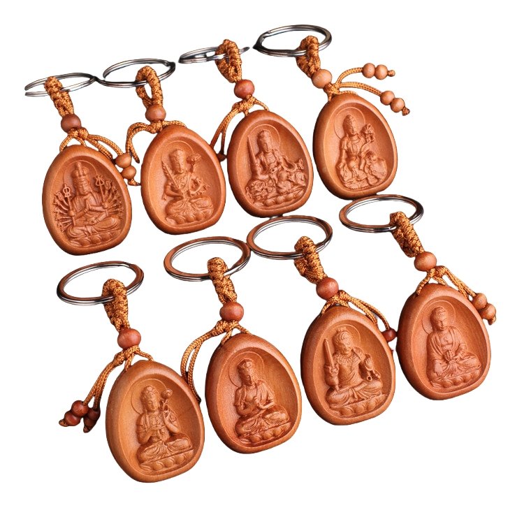 Wholesale Feng Shui Kwan-yin Buddha Wood Key chain Amulet Accessories Creative Key Holder Wood Bag charm Pendant Buddha Keychain