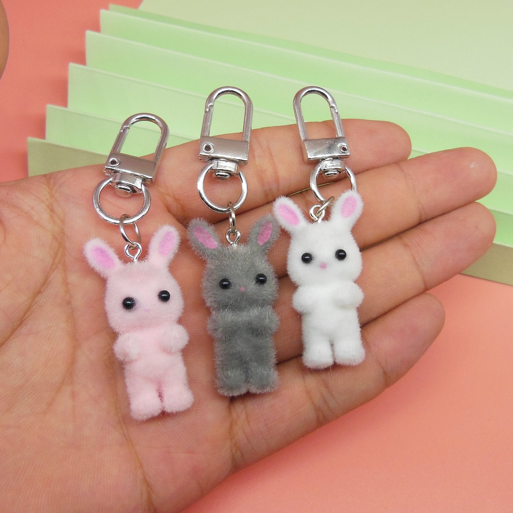 2024 Cartoon Flocking Bear Keychain Animals Doll Resin Key chains Cute Pom Pom keyrings Cat Dog Cow Koala Bunny Plush Keychain