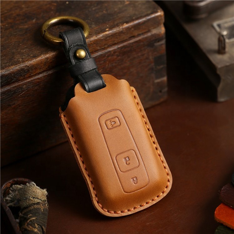 Hand Sewing Genuine Leather Car Key Case Cover for Toyota Crown Smart 3 Buttons Car Key Shell with Keychain