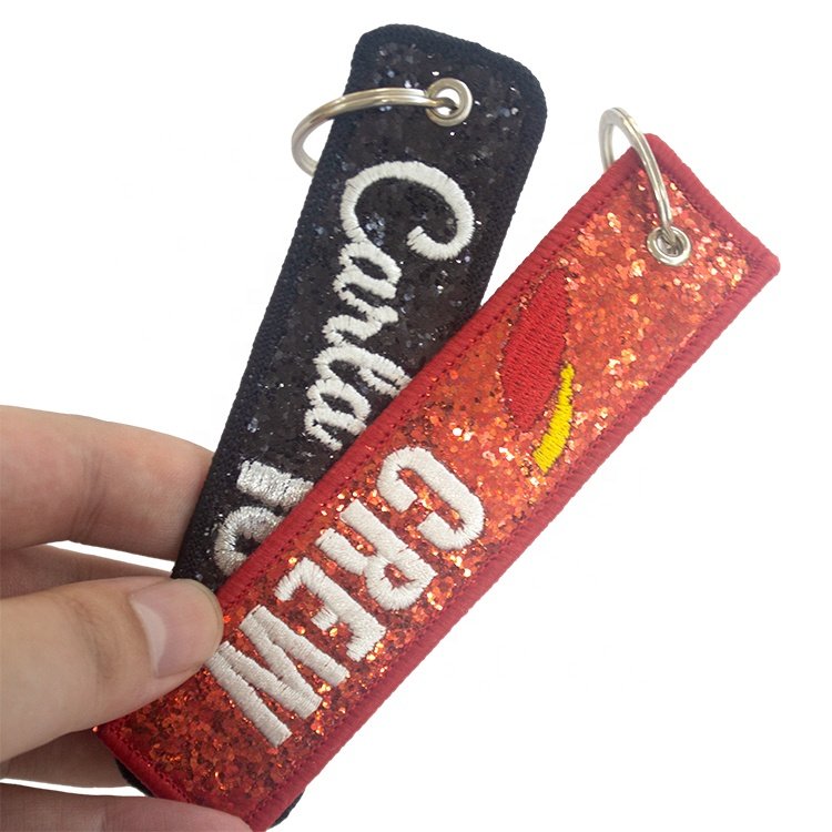 Fashion Key Tag High Quality Custom Brand Logo Shiny Sequin Embroidery Keychain for Keyring Gifts
