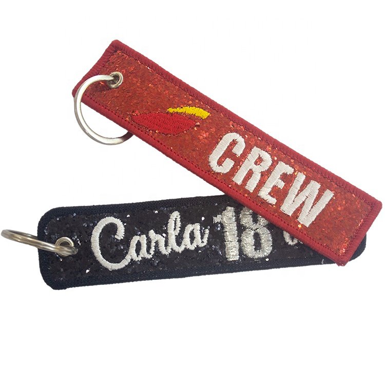 Fashion Key Tag High Quality Custom Brand Logo Shiny Sequin Embroidery Keychain for Keyring Gifts