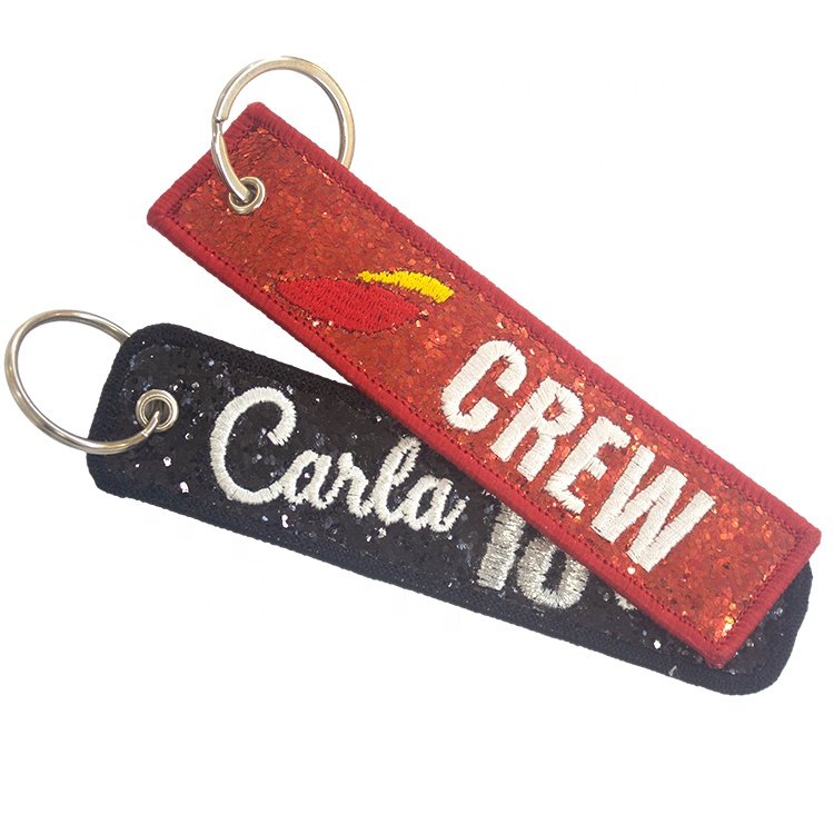 Fashion Key Tag High Quality Custom Brand Logo Shiny Sequin Embroidery Keychain for Keyring Gifts