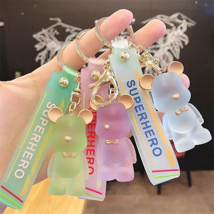 PVC 3D Creative Cartoon Nordic Bow tie Crystal Transparent Bear Keychains Candy Color Kawaii Bag Pendant Car Keyring Accessories