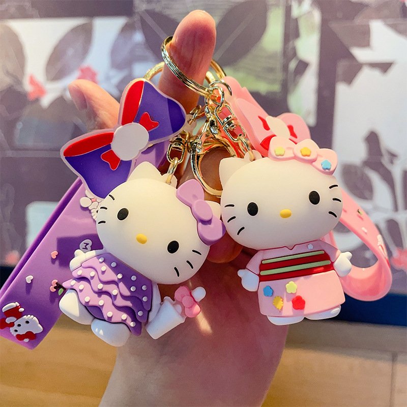 Top Selling Sanlioed New KT Cat Keychain Cartoon Animation PVC Doll Cat Bag Hanging Car Key Ring Creative Gifts for Girls