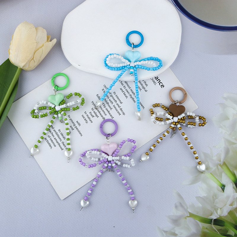New Factory wholesale acrylic keychain cute bow keychain beading mobile phone case charm accessories