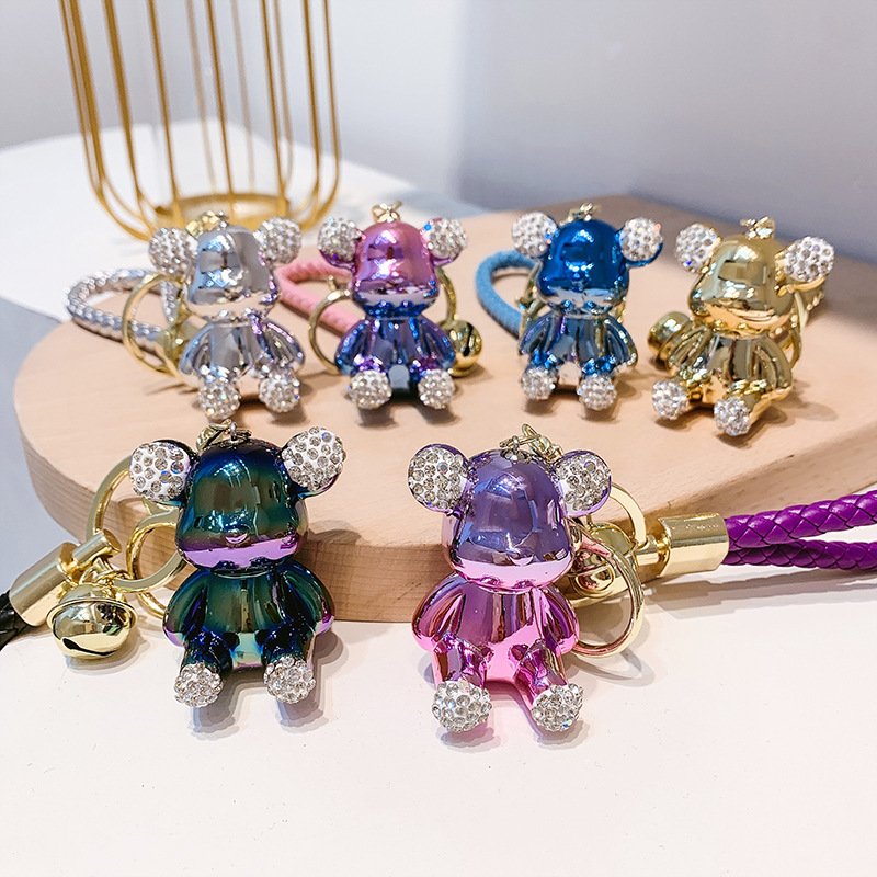 3D kawaii cute character Teddy Bear keychain cartoon accessories luxury rhinestones diamond plating Leather Rope bear key chains