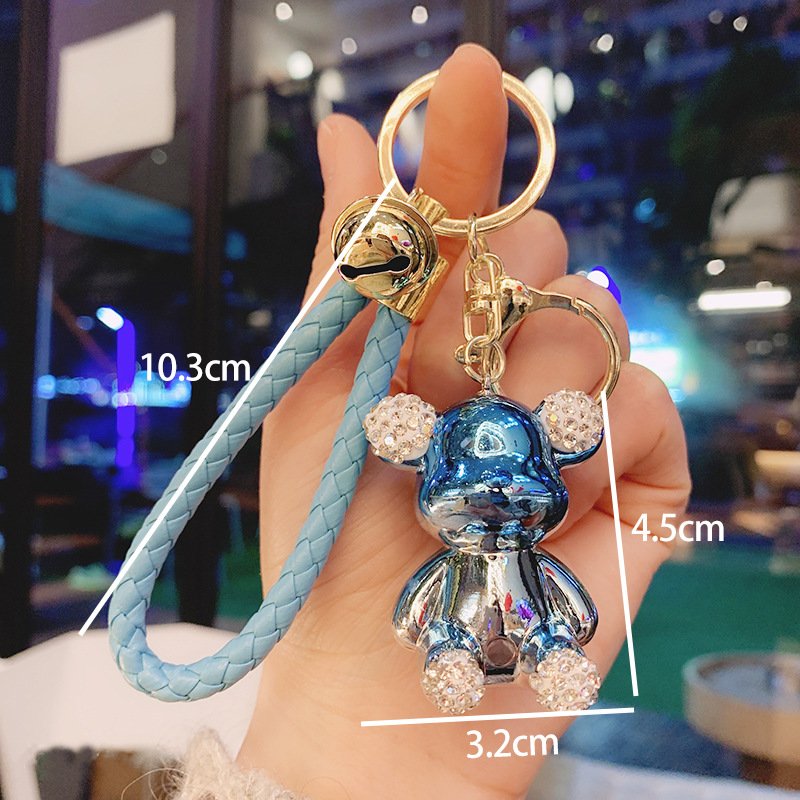 3D kawaii cute character Teddy Bear keychain cartoon accessories luxury rhinestones diamond plating Leather Rope bear key chains