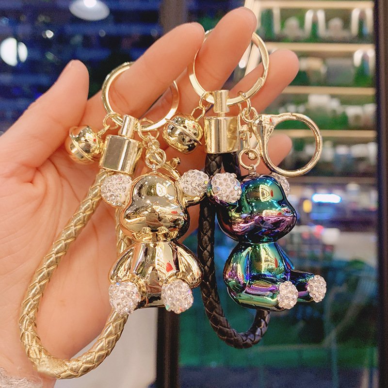 3D kawaii cute character Teddy Bear keychain cartoon accessories luxury rhinestones diamond plating Leather Rope bear key chains