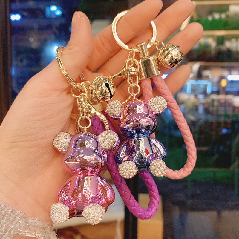 3D kawaii cute character Teddy Bear keychain cartoon accessories luxury rhinestones diamond plating Leather Rope bear key chains