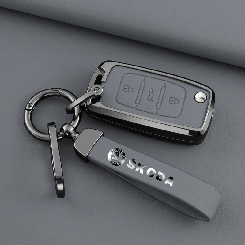 Zinc Alloy + Leather Car Key Case Cover Shell Car Key Protective Bag For SKODA Series Logo Car Accessories Keychain Decorations