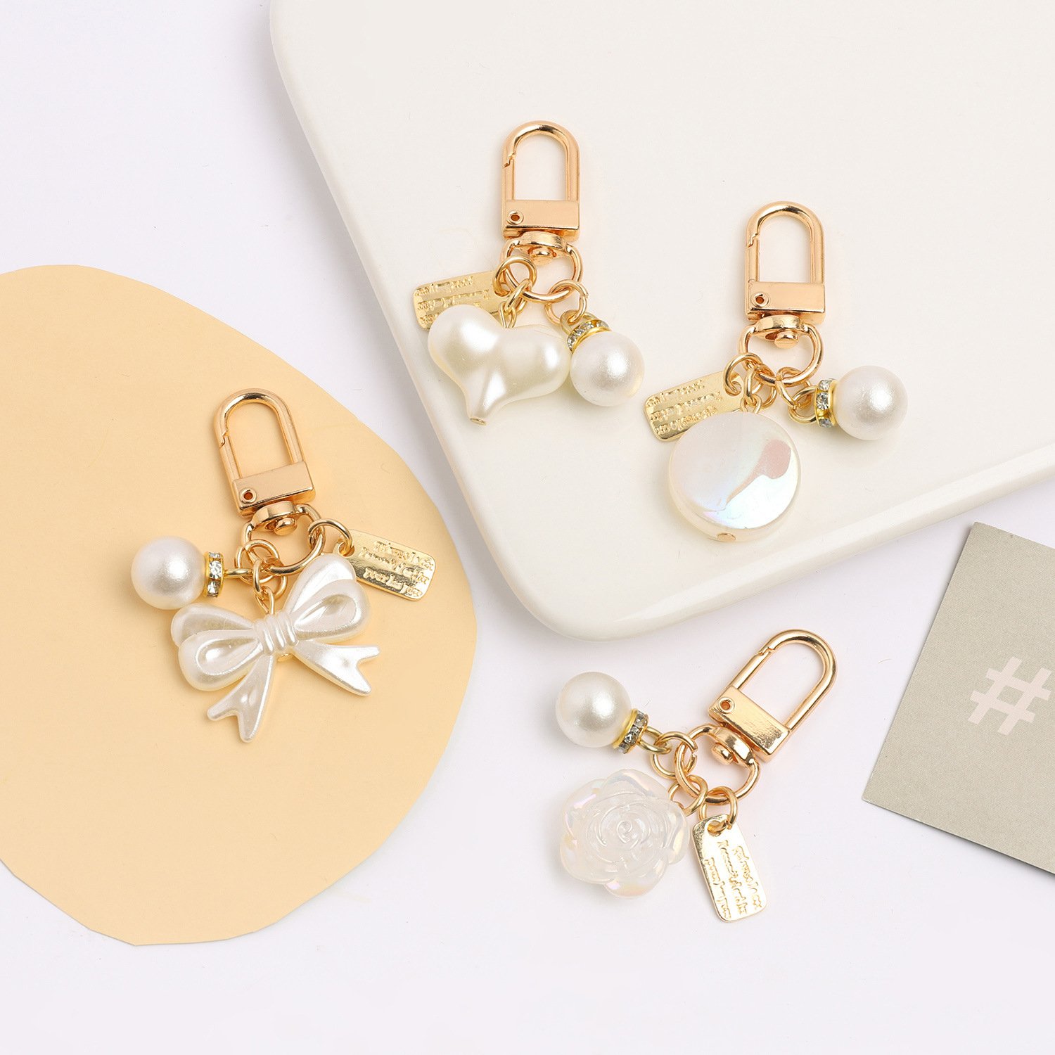 Cute Gold White Pearl Resin Bowknot Heart Flower Charm Keychain Earphone Case Bag Pendant Accessories Car Keyholder Girl Gifts