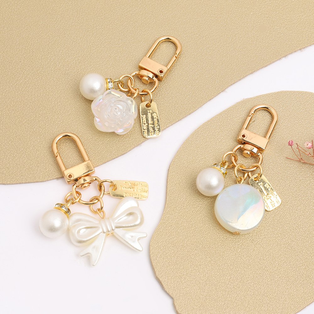 Cute Gold White Pearl Resin Bowknot Heart Flower Charm Keychain Earphone Case Bag Pendant Accessories Car Keyholder Girl Gifts