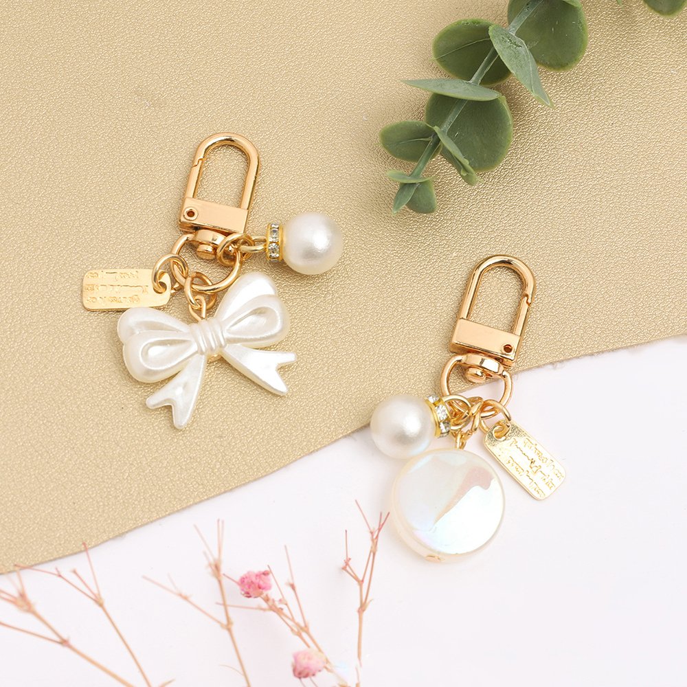 Cute Gold White Pearl Resin Bowknot Heart Flower Charm Keychain Earphone Case Bag Pendant Accessories Car Keyholder Girl Gifts
