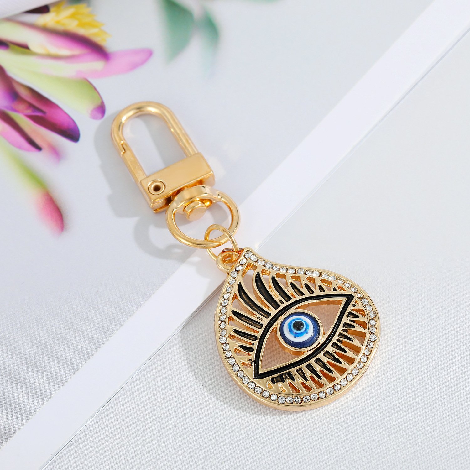 Gold Turkish Evil Eye Metal Ring Ornament Rhinestones Resin Lucky Amulet Car Bag Keys Holder Evil Eye Keychain