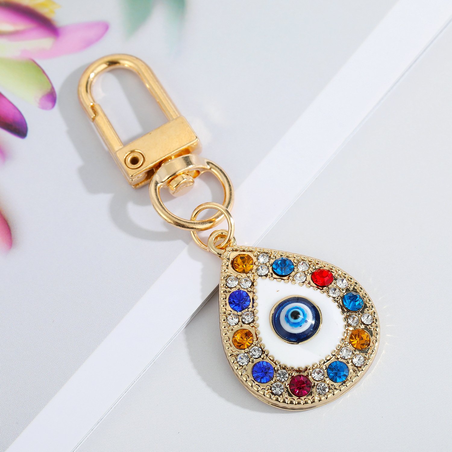 Gold Turkish Evil Eye Metal Ring Ornament Rhinestones Resin Lucky Amulet Car Bag Keys Holder Evil Eye Keychain