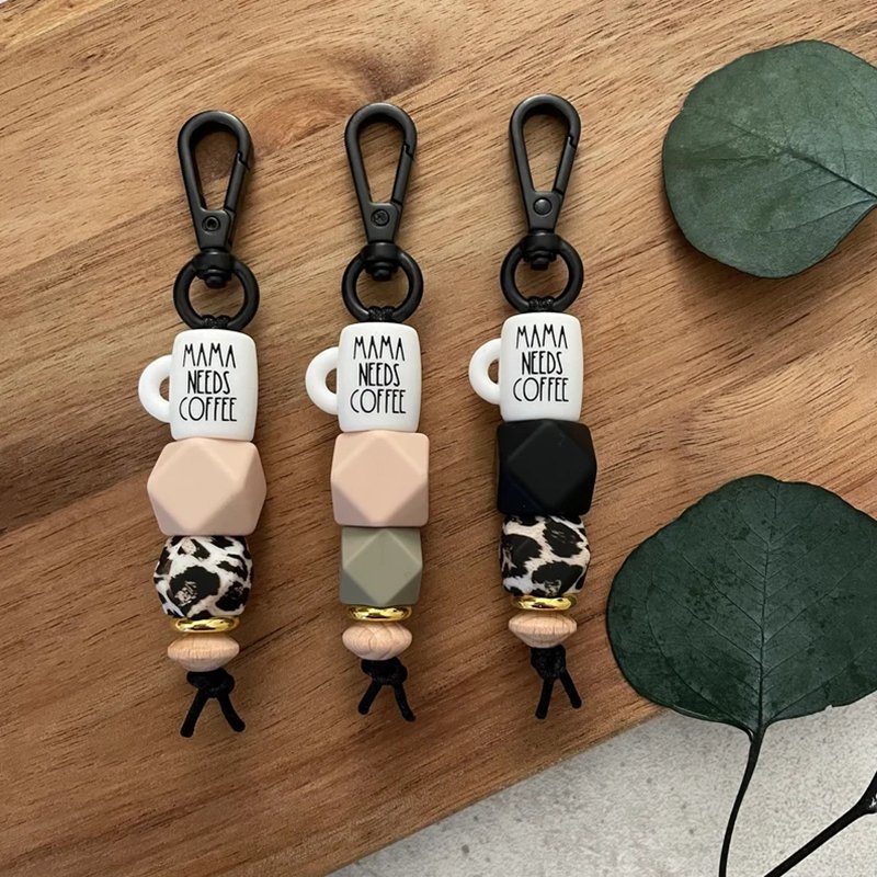 Cute Coffee Mug Inspired Cup Silicone Beaded Keychain Mama Teacher Key Ring Holder For Car Bag Purse Charm Accessory