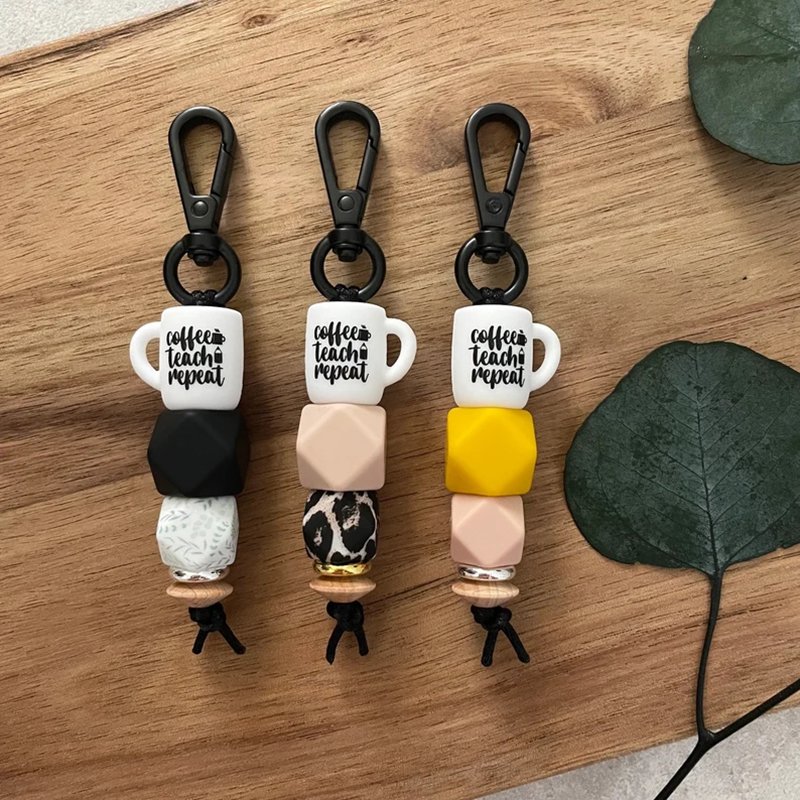 Cute Coffee Mug Inspired Cup Silicone Beaded Keychain Mama Teacher Key Ring Holder For Car Bag Purse Charm Accessory