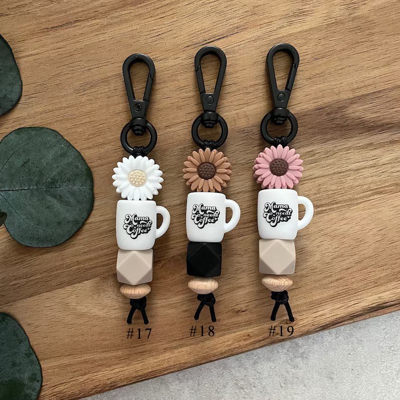 Cute Coffee Mug Inspired Cup Silicone Beaded Keychain Mama Teacher Key Ring Holder For Car Bag Purse Charm Accessory
