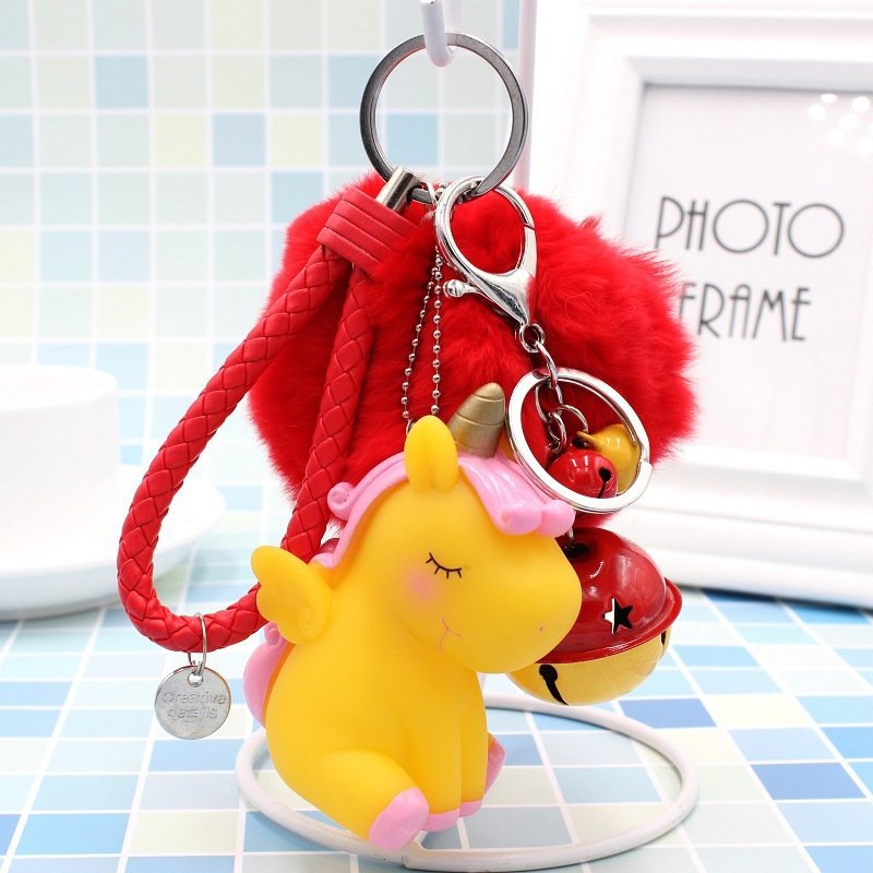 Xinxing 2021 Fashion Cute Colorful Pompom Bell Keychain Key Ring Package Car Female Small Accessories Cute Unicorn Keychain