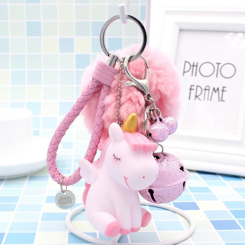 Xinxing 2021 Fashion Cute Colorful Pompom Bell Keychain Key Ring Package Car Female Small Accessories Cute Unicorn Keychain